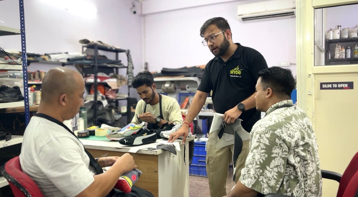 Close-up of midsole degreasing being practised